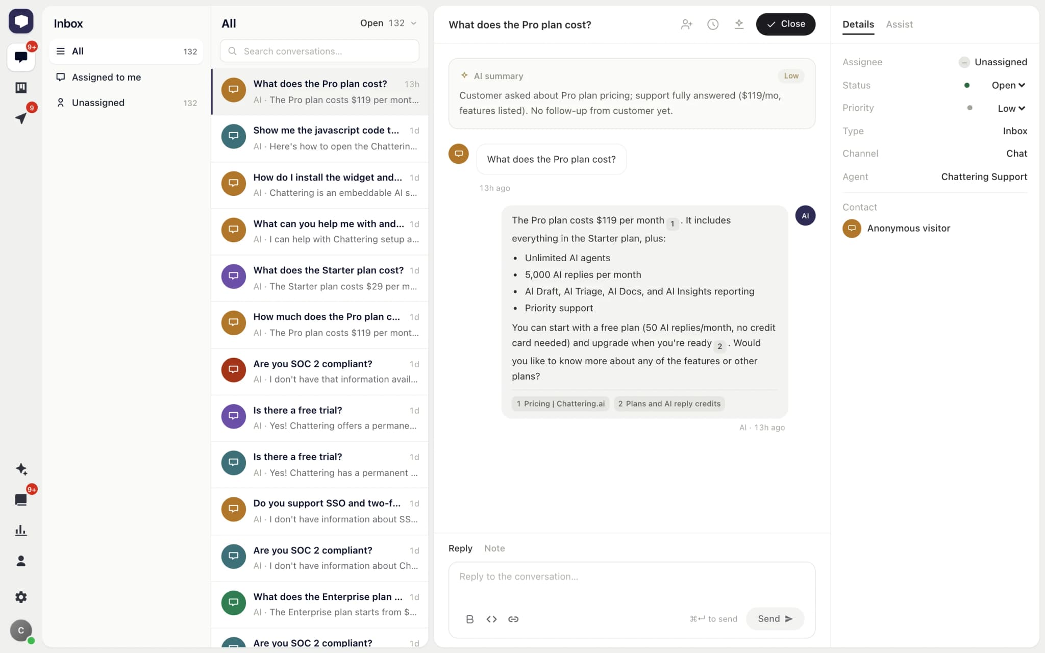The Chattering inbox — AI answers, your team supervises