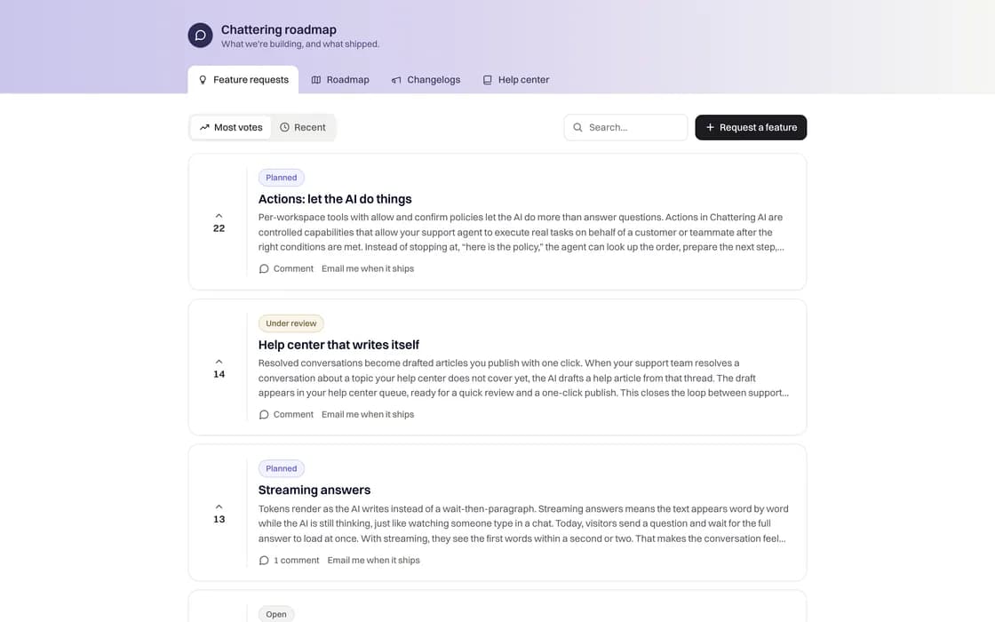 The public Chattering roadmap portal showing feature requests with vote counts and status badges