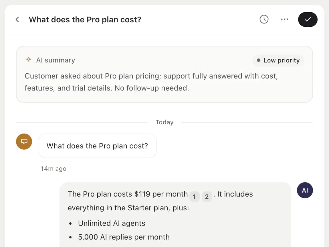 The Chattering inbox: an AI answer with its sources cited, ready for a human to review