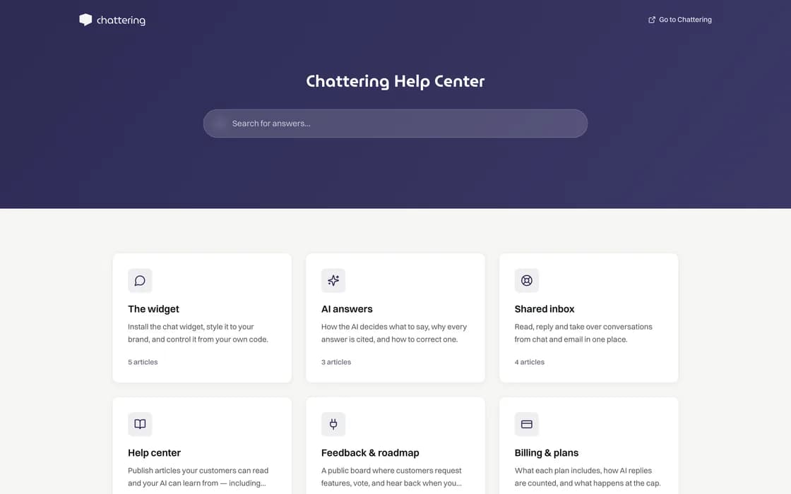 The public Chattering help center with a search bar and collections of articles
