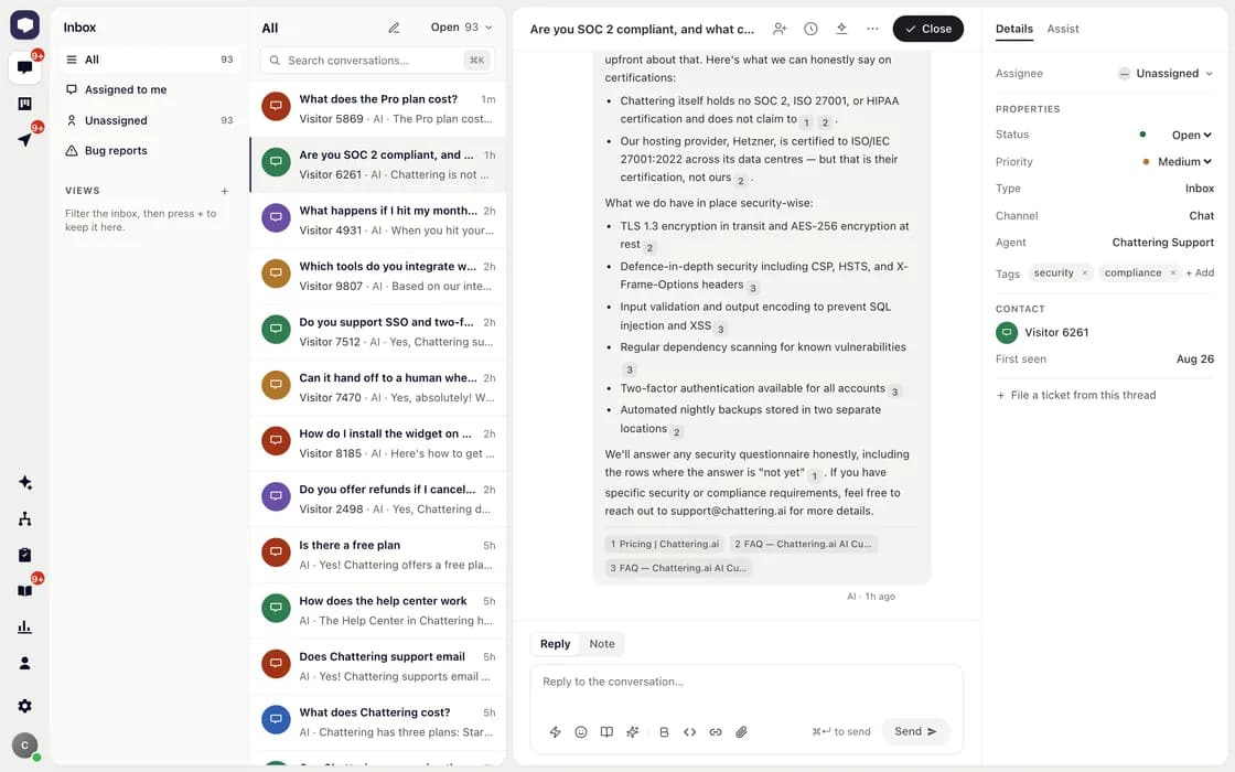 The Chattering shared inbox with a conversation open, showing an AI answer with inline citations and tags