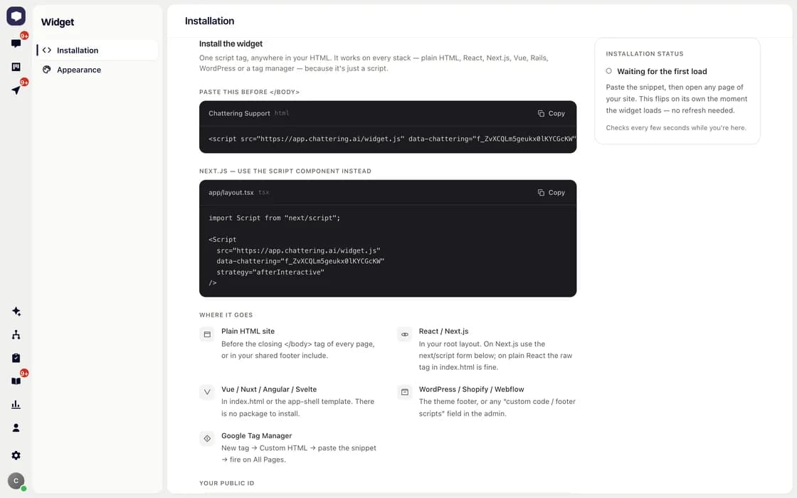 The Chattering dashboard installation screen showing the script tag and framework-specific instructions