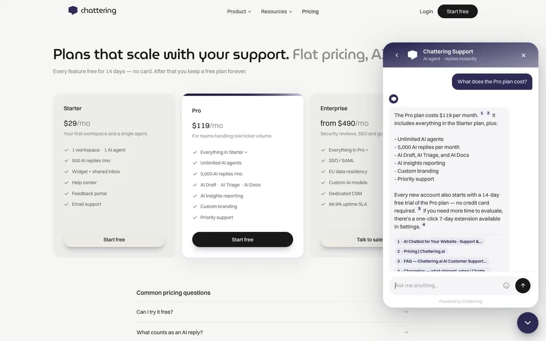 The Chattering widget open on the chattering.ai pricing page, answering a question about the Pro plan with four cited sources